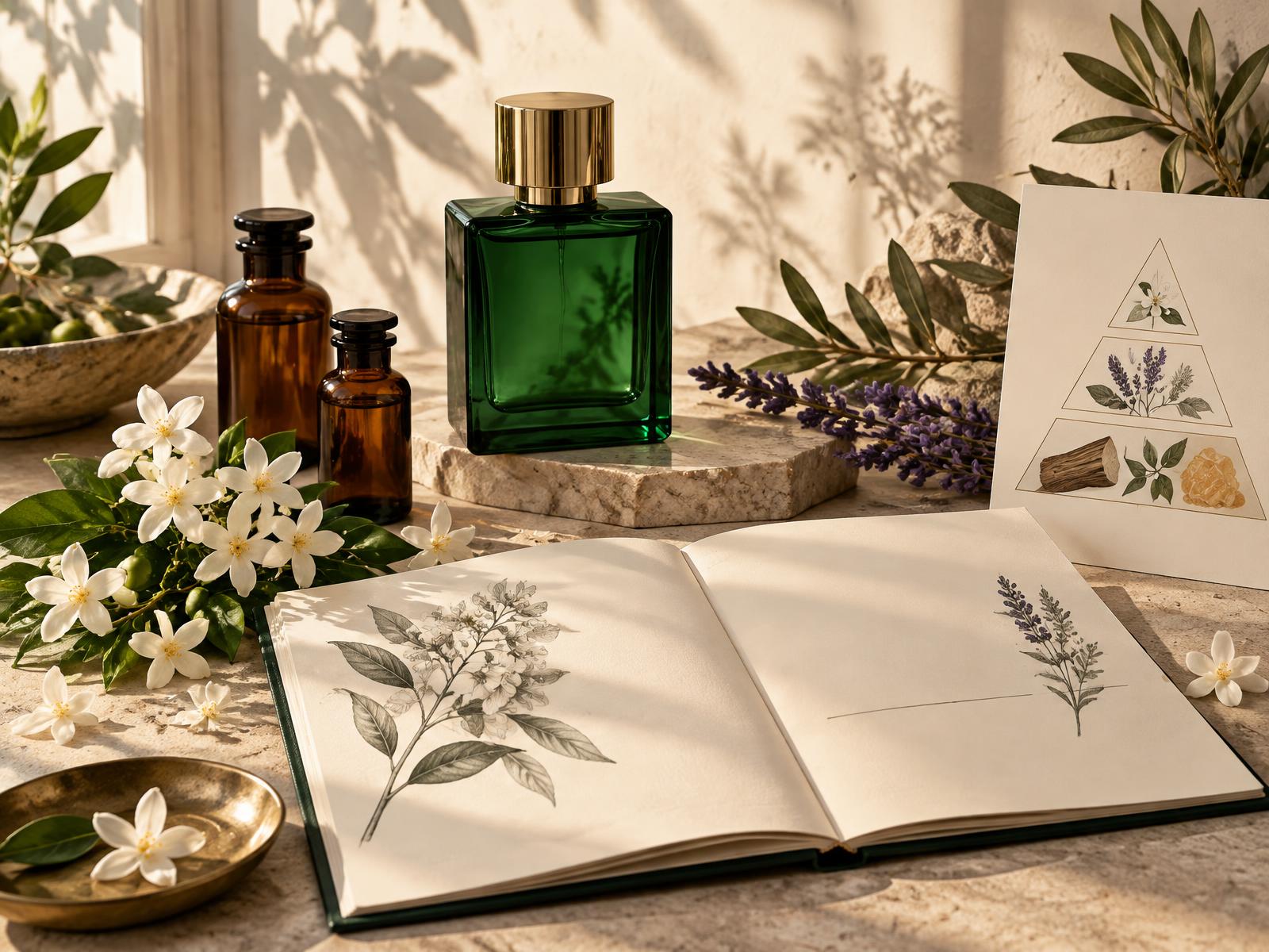 Perfume botânico, frascos âmbar e guia olfativo em composição editorial